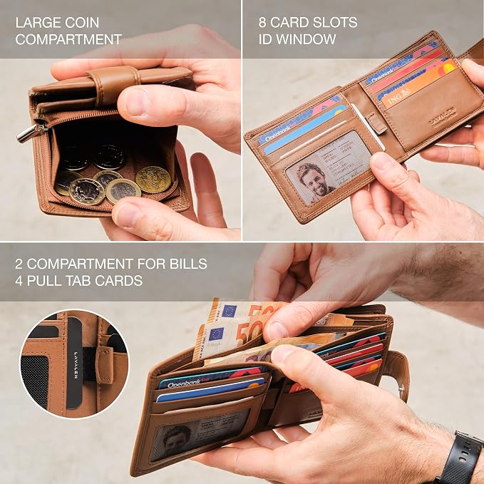 Soft Leather Wallet for Men, Genuine Bifold with Zipper Coin Pocket | Holds Bills, Credit Cards, Coins – RFID Blocking – Stylish, Durable & Practical Leather Wallet for Men