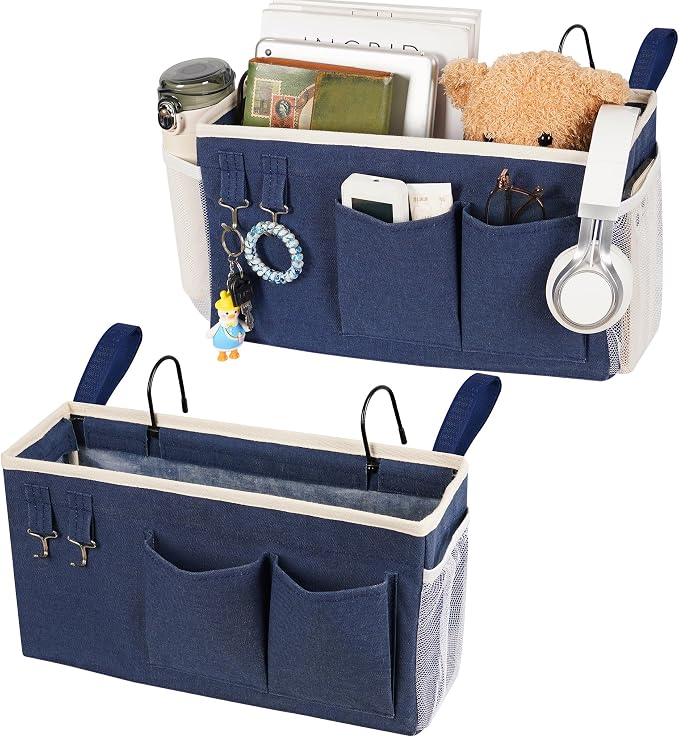 Bedside Caddy, Bedside Storage Bag Hanging Organizer for Bunk Dorm Bed Rail | Bed Caddy with Hooks, Top Bunks and Dorm Essentials for Water, Tissues, Tablets, Books, Phones, Remotes and Other Necessories