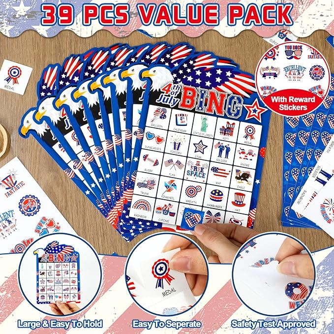 39Pcs 4th of July Bingo Game for Adults Kids 24 Players Eagle Shape Bingo Game Cards with Reward Stickers for Family Friend Student Large Group Activities Independence Day Patriotic Party Favors