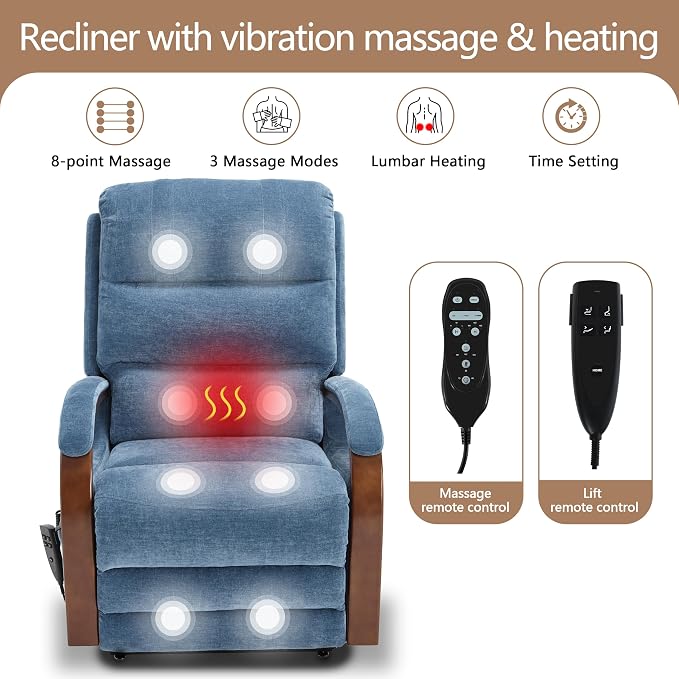 Power Lift Recliner Chair for Elderly People, Dual Motor Lift Chair with Vibration Massage and Heat, Lay Flat Recliner with Solid Wood Armrest, Standing Assistance Reclining, Chenille Fabric Blue