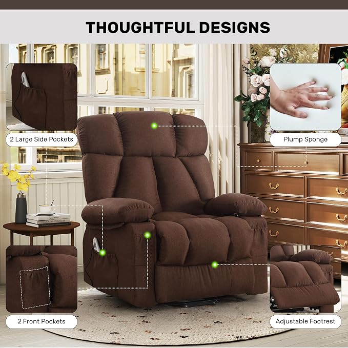 Oversized Power Lift Recliner Chair for Elderly, Big and Tall Lift Chair with Massage and Heat for Living Room, Fabric Electric Recliner Chairs with Side Pocket, USB Charge Port Brown