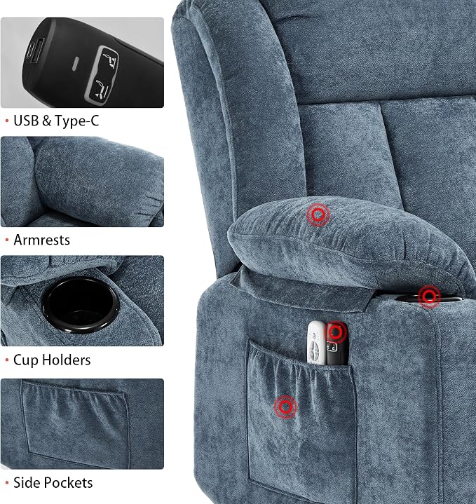 Power Lift Recliner Chair for Elderly with Massage and Heat, Recliner Chairs for Adults, Upgraded Fabric Reclining Sofa Chair with USB & Type-C Ports, L1288 (Blue)