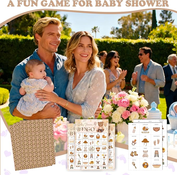 Baby Shower Bingo Game Cards Set for Guests Adults, Brown Bear Woodland Baby Shower Party Bingo Game Gender Reveal Bingo Game for Family Friends Large Group Activity, Favors Supplies Decorations
