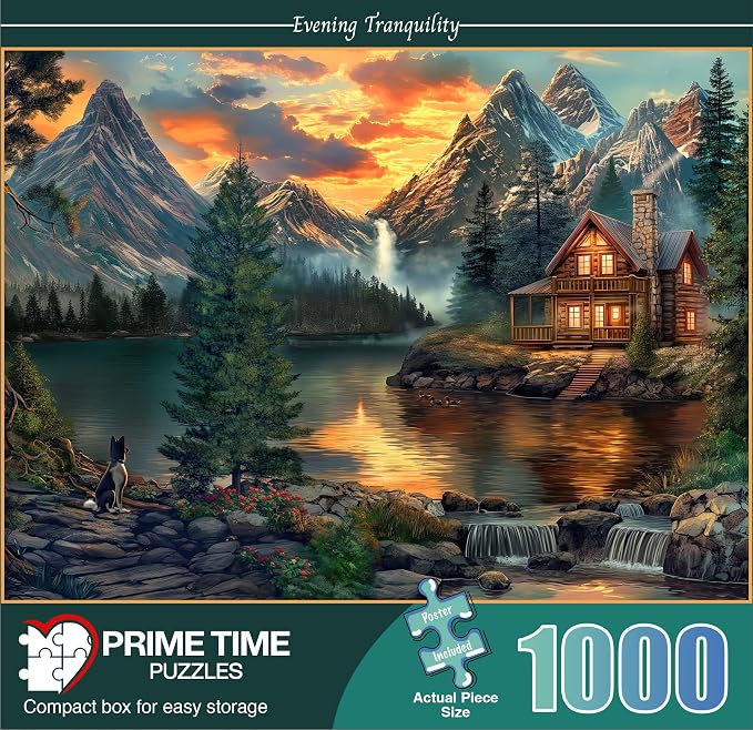 Adult Jigsaw Puzzle 1000 Piece Mountain Cabin | Features a serene lake cabin scene, finishing at 20x27 inches. Great for game nights on a table, puzzleboard, or floor.