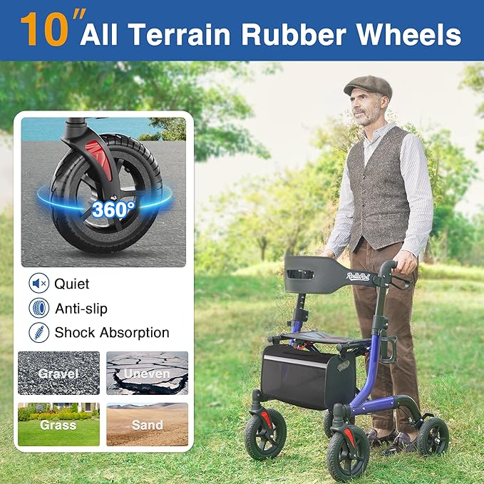 Walkers for Seniors with Seat, Foldable Rollator Walker, Reinforced Aluminum Frame, 10" Big Rubber Wheels for All Terrain, Built-in Cable, Lightweight Rolling Walker, Blue