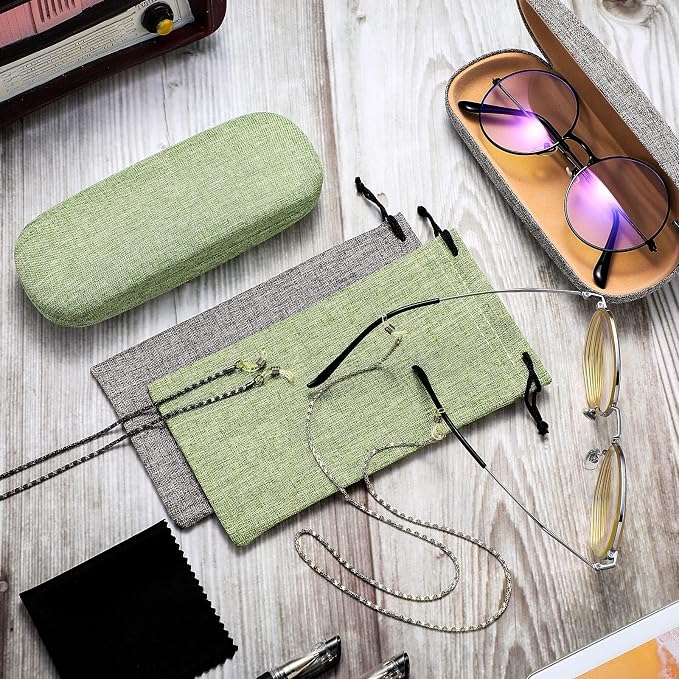 Frienda 2 Set Eyeglass Case Kit Hard Shell Fabric Dusty Colors Eyeglass Case with Storage Bag Glasses Chain Cleaning Cloth