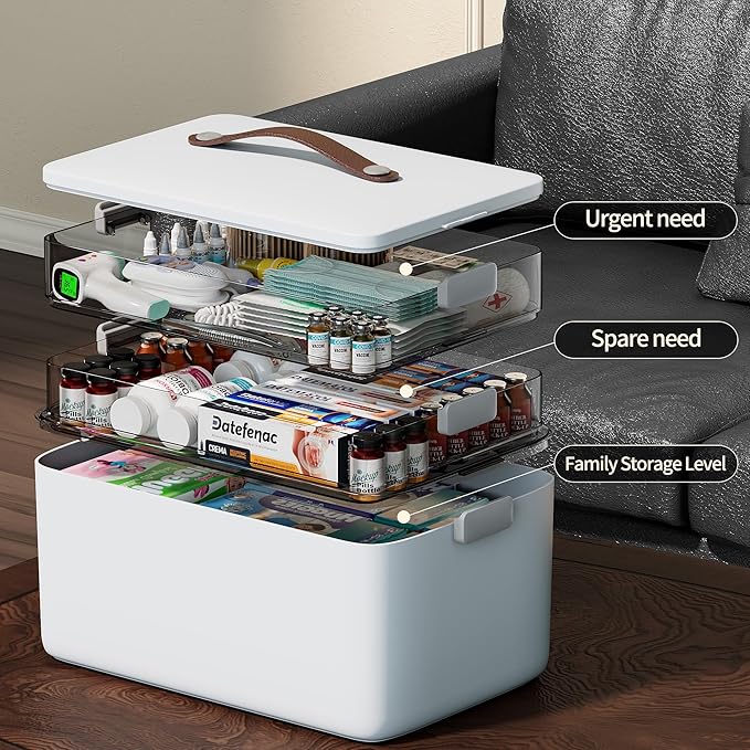 CTIME 3-Tier Medicine Organizer with Pill Case - Portable Pill Case & Empty First Aid Kit for Home, Travel, RV, School, Dorm, Ideal Elderly, Father Gift