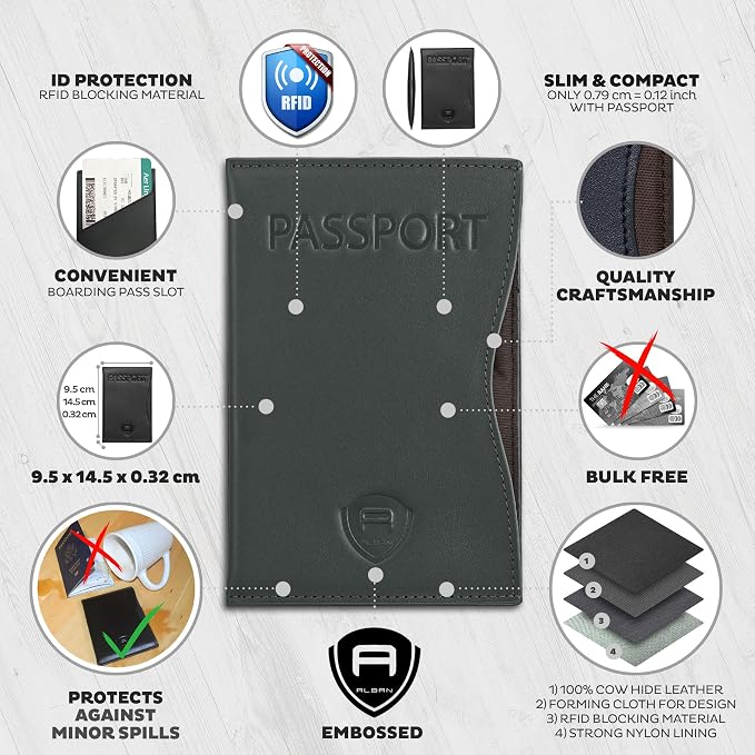 Alban RFID Passport Holder for Women & Men, Genuine Leather Passport Cover | RFID blocking design helps protect personal information while traveling, Slim genuine leather case for travel essentials