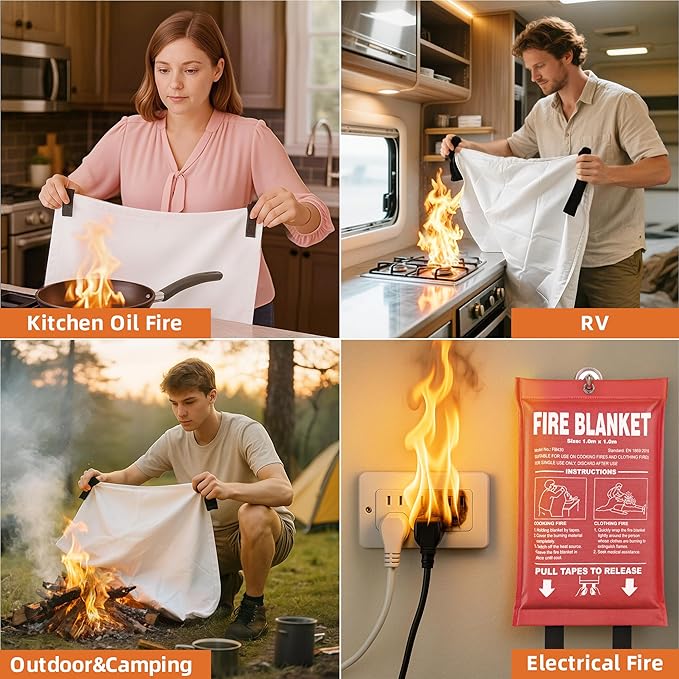 Fire Blanket 6 Pack - 40" x 40" Prepared Emergency Fire Blanket | For Home and Kitchen, RV, Grill, Fireplace, Safe & Easy for Young Adults and Elderly Living Alone | Fiberglass CE Certified