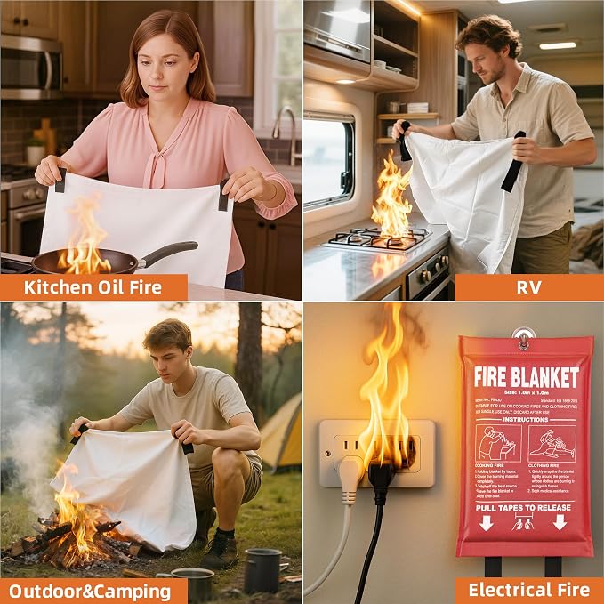 Fire Blanket 4 Pack - 40" x 40" Prepared Emergency Fire Blanket | For Home and Kitchen, RV, Grill, Fireplace, Safe & Easy for Young Adults and Elderly Living Alone | Fiberglass CE Certified