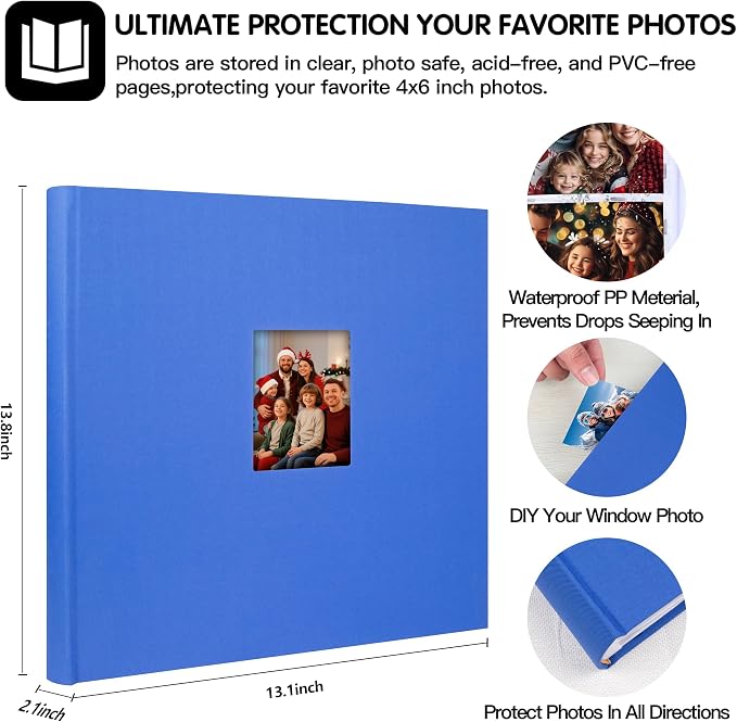 4x6 Photo Album Holds 600 Photos with Writing Space, Linen Cover Picture Book with Front Window for Family Wedding Baby Travel & Graduation Memories, Blue