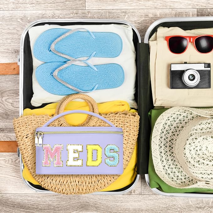 BuyCard Medicines Chenille Letter Bag Nylon Meds Makeup Pouch Preppy Path with Zipper and Handle Cosmetic Toiletry Storage Purse for Women Purple
