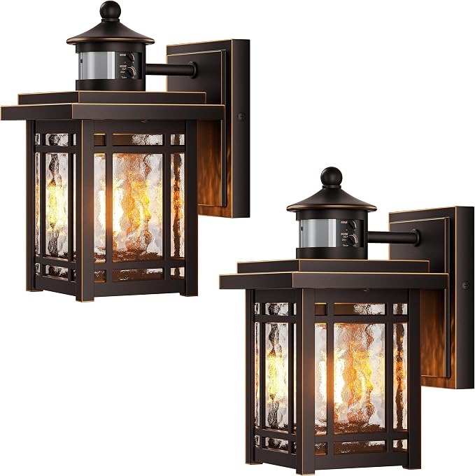 Gleamz 2-Pack Exterior Lighting Fixtures, Aluminum Motion Sensor Porch Light, Oil-Rubbed Bronze Gold Trim Outdoor Wall Lights for House, Waterproof Farmhouse Outdoor Porch Lights Wall Mount for Garage
