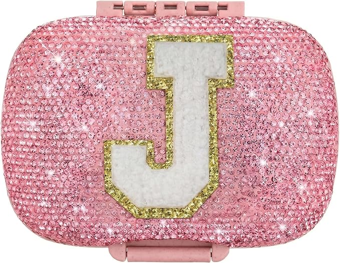 Cute Pill Organizer Small Bling Pill Case for Purse Medicine Vitamin Container Holder Daily Pill Box Container for Women Travel Medicine Kit(Letter J Pink)