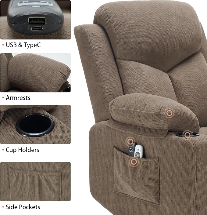 Power Lift Recliner Chair for Elderly with Massage, Electric Lift Chair with Remote, Cup Holders,USB & Type-C Ports for Living Room, L9913 (Coffee)