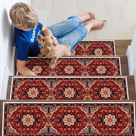 Persian Stair Runner Non Slip Washable 15 Pack Stair Treads 8x30 | 15PCS Persia Wooden Steps Stair Treads 8x30 Inch, Stain Resistant Oriental Washable Stair Carpet Rug Silicone Backing
