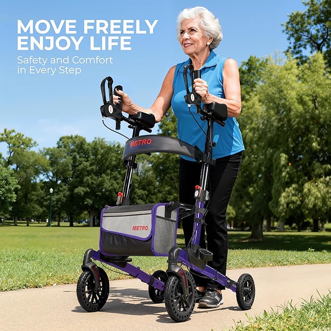 Metro Mobility Rollator Walker with Seat for Seniors, Foldable Lightweight Rolling Walker, 10" Big Front Shock-Absorbing Honeycomb Wheels for All Terrain, 300 lb. Weight Capacity, Purple
