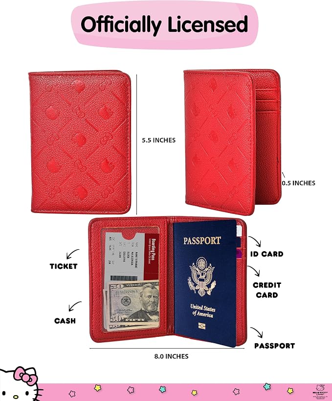Hello Kitty Passport Holder for Travel Women Official License, Burgundy Red | Passport Cover, Sanrio Gifts