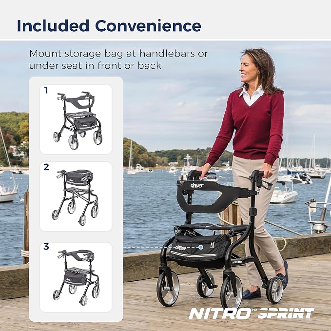 Drive Medical Nitro Sprint Rollator Walker with Seat, Tall Size, Black | Lightweight Rollator with Large Wheels Offers Compact Folding Design for Tall Size Everyday Comfort Use