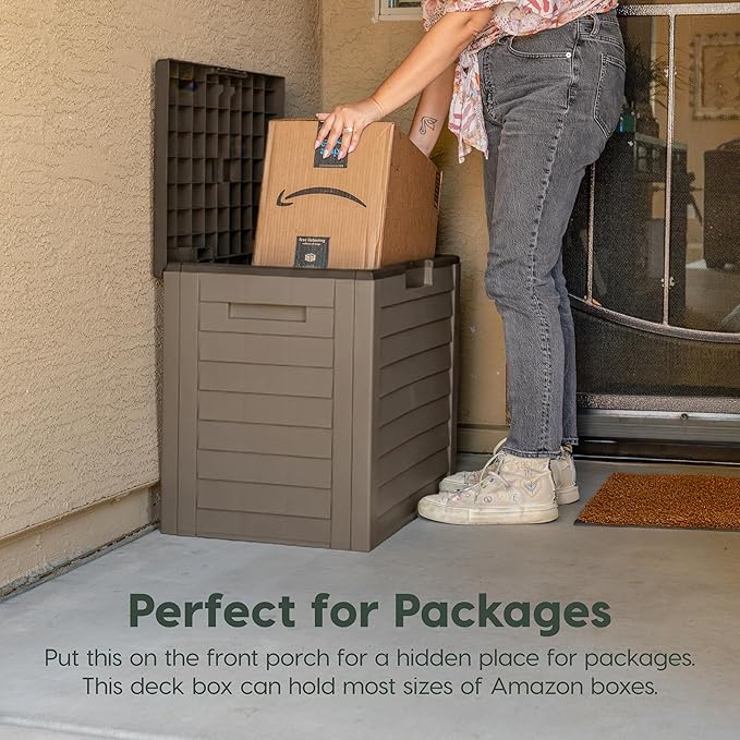 IRIS USA 35 Gallon Outdoor Deck Box, Lockable, Weather-Resistant, Brown | UV-Protected, Waterproof Resin, Patio Storage for Cushions, Garden Tools & Packages