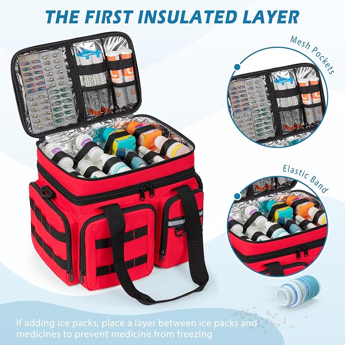 Marscamd Medicine Organizer Bag with Insulated Pocket, Red (Bag Only) | Pill Bottle Storage Bag with 4 Customized Dividers & Shoulder Strap for Medication, Insulin and First Aid Supplies