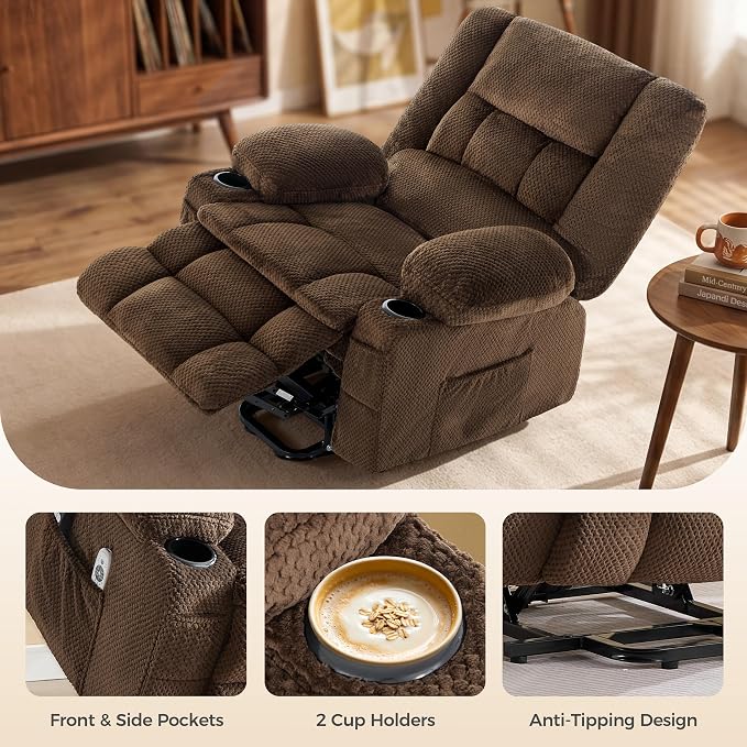 Power Lift Recliner Chair for Elderly, Electric Reclining Lift Chair with Massage and Heating, Comfy Overstuffed Recliner Single Sofa with Cup Holders, Pockets, USB Charge Port for Living Room, Brown