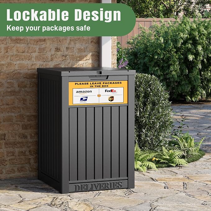 Package Delivery Box for Outside with Sign, Secure Lockable Waterproof Package Delivery Container, Resin Deck Box for Porch & Garden, Classic Black
