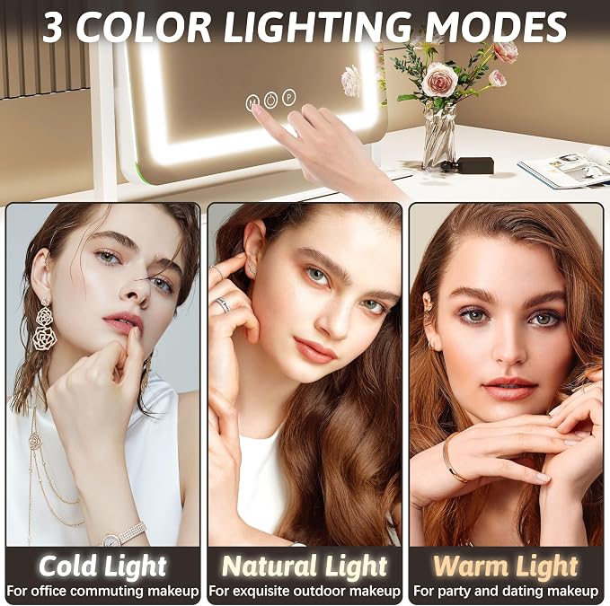 FENNIO Vanity Mirror with Lights 22 Inch- LED Lighted Makeup Mirror,Large Makeup Mirror with Lights,Touch Screen with 3-Color Lighting,Led Mirror Makeup,Dimmable(White)