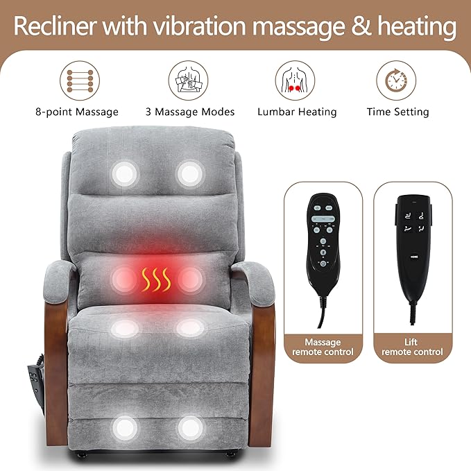 Power Lift Recliner Chair for Elderly People, Dual Motor Lift Chair with Vibration Massage and Heat, Lay Flat Recliner with Solid Wood Armrest, Standing Assistance Reclining, Chenille Fabric Gray