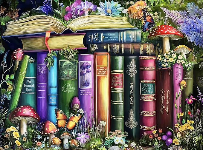 Adult Jigsaw Puzzle 1000 Piece Books | Magic Butterfly Library scene with mushrooms, books, and wildflowers. Suitable on a table, puzzleboard, or floor.