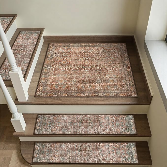 sarben 30"x30" Non Slip Stair Treads for Wooden Steps 1 Pack, Rust Brown | Peel and Stick Carpet Stair Runner with TPE Adhesive Backing, Carpet for Added Safety, Pet and Senior Friendly