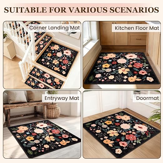 RORA Stair Treads Landing Mat, 30x30 Stair Landing Rug for Indoor | Non-Slip, Washable, For Wooden Steps, Floral Design, Stair Rugs Mat for Pets, Black