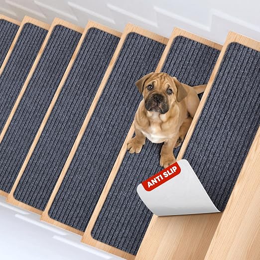 MBIGM Carpet Stair Treads for Wooden Steps, 15 Pack, 8" x 30", Grey Stripe | Four-layer polyester carpet with PP grid base, nonwoven cushion and TPR adhesive backing adds indoor traction and comfort