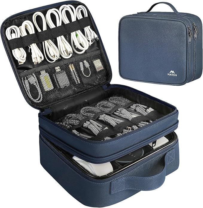 MATEIN Cord Organizer Case with Adjustable Divider, DJ Cable File Bag | Electronic Storage, Tech Accessories, Charger Cable Organizer, Cord Bag, Double Layer, Shockproof, USB Cable Organizer, Blue