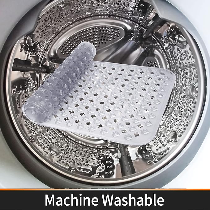 Yimobra Bathtub Mat Non Slip, Super Strong Suction Cups, 27.5"x15.5" Long Shower Mat with Drain Holes, Machine Washable Fast Draining Bath Mats, Bathroom Essentials,Clear Gray