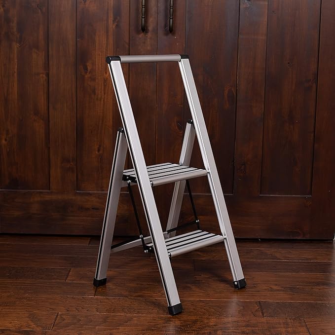 BIRDROCK HOME 2 Step Ladder | Folding Anti-Slip Step Stool, 250 lb Capacity | Lightweight, Slim & Sturdy Design for Household, Kitchen, Garage, Indoor & Outdoor Use | Collapsible, Portable, Heavy-Duty