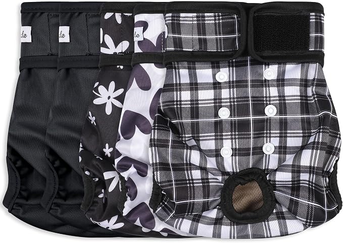 Female Dog Diapers 5Pcs - Premium Reusable Diapers for Doggie in Heat - Highly Absorbent Dog Diapers Female for Pet Incontinence with Adjustable Snaps, Black, S