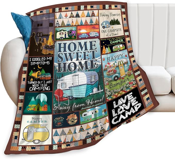 Camping Blanket Soft Warm Plush Throw Blanket Happy Camper RV Gifts for Camper Lover Cozy Lightweight Flannel Fleece Stuff Decor Blanket for Girls Boys Kids Adults Women Bed Travel 50"x60"