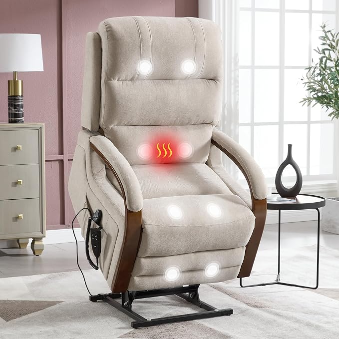 Power Lift Recliner Chair for Elderly People, Dual Motor Lift Chair with Vibration Massage and Heat, Lay Flat Recliner with Solid Wood Armrest, Standing Assistance Reclining, Chenille Fabric Beige