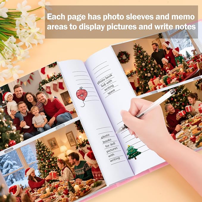 4x6 Photo Album Holds 240 Photos with Writing Space, Linen Cover Picture Book with Front Window for Family Wedding Baby Travel & Graduation Memories, Pink