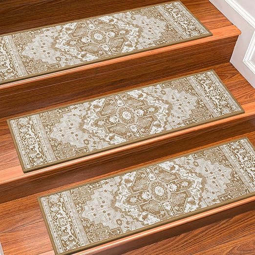 Stair Treads for Wooden Steps Indoor, 15 Pack 8" X 30" Non Slip Carpet Stair Treads with Reusable Adhesive for Kids Elders and Dogs, TPR Backing Stair Rugs Oriental Staircase Step Treads,Bohemia