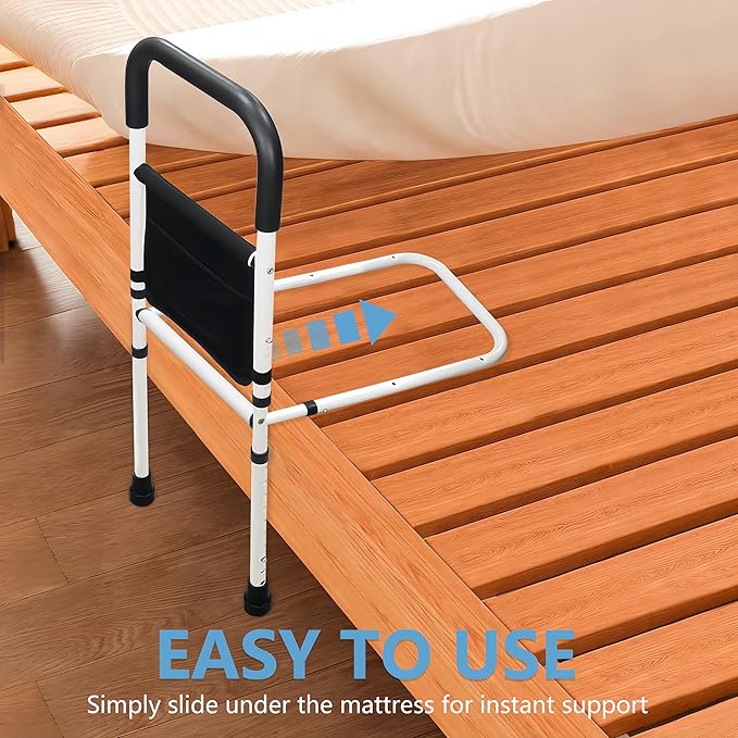 Bed Rails for Elderly Adults with Floor Support, Adjustable Bed Cane with Storage Pocket and Extension Legs for Seniors Hold up to 300 Lbs, Grab Bar Handle Fits King Twin Full Size Bed