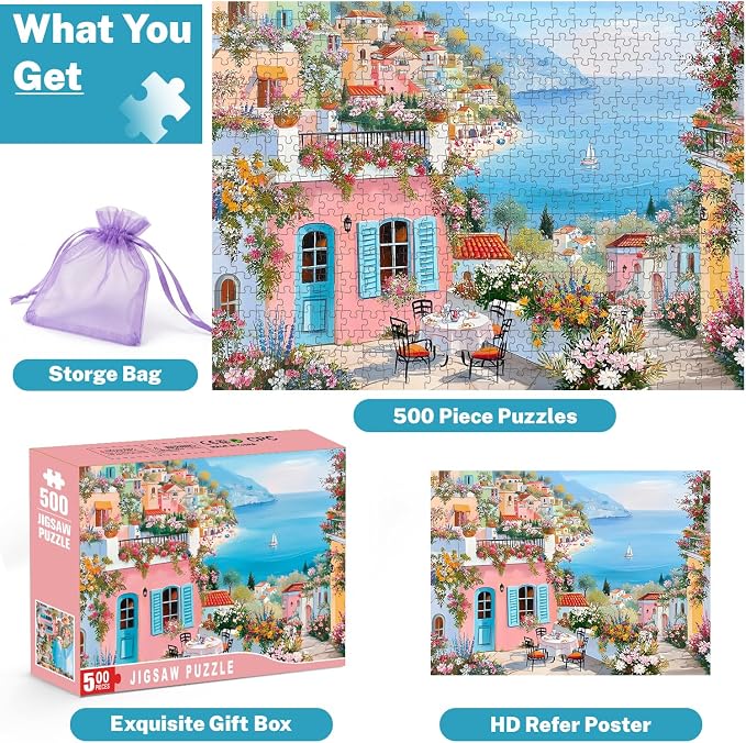 500 Piece Jigsaw Puzzle for Adults, Colorful Mediterranean Coastal Village | Ocean views, blooming terraces, sailboat, oil-painted charm; ideal for family game night, wall decor and thoughtful gifts.