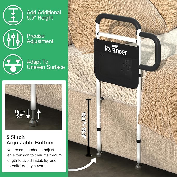 RELIANCER Bed Safety Rail for Elderly Adults w/Support Leg,Dual Handle Assist Grab Bar for Seniors,Adjustable Bedside Support Railings,Bed Side Assist Guard Rails,Bedside Hand Guard Bar Safety Bedrail