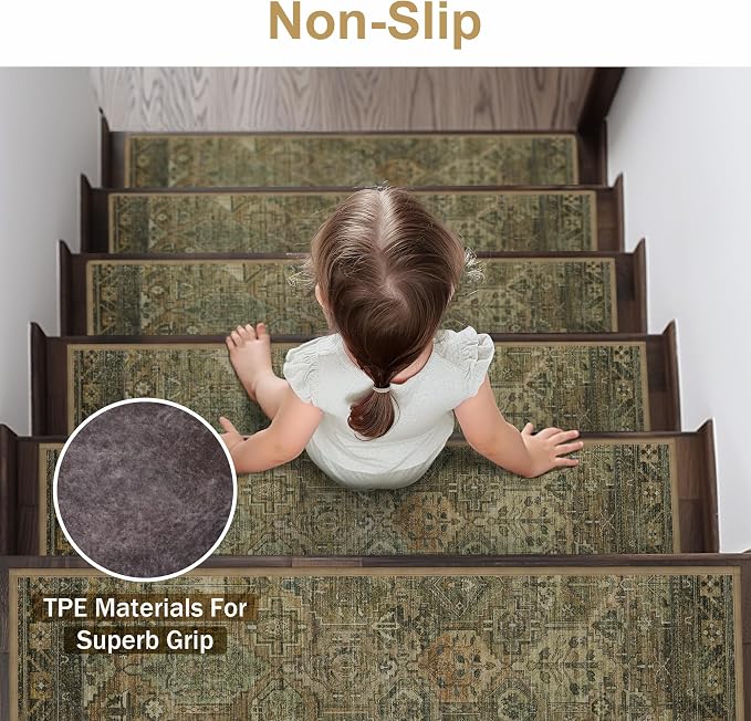 sarben 8"x30" Non Slip Stair Treads for Wooden Steps 15 Pack, Olive Brown | Peel and Stick Carpet Stair Runner with TPE Adhesive Backing, Carpet for Added Safety, Pet and Senior Friendly