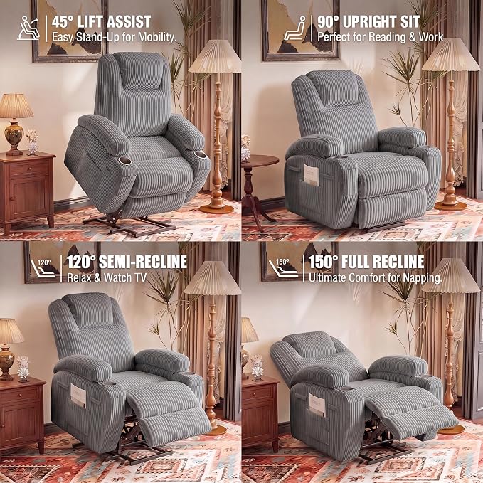 Flamaker Power Lift Recliner Chair Electric Lift Recliner for Elderly | Power Lift Recliner Chair with Cup Holders Side Pockets for Living Room (Corduroy, Dark Gray)