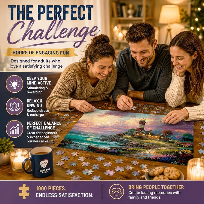 Adult Jigsaw Puzzle – Ocean Lighthouse 1000 Piece | Features a colorful beach sunset lighthouse scene. 20x27 inches — Great for game nights on a table, puzzleboard, or floor.