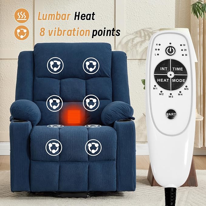 Power Lift Recliner Chair for Elderly Adults with Massage and Heat, Fabric Electric Recliner Sofa with Side Pocket, Two Cup Holders for Living Room L9912 (Navy Blue)