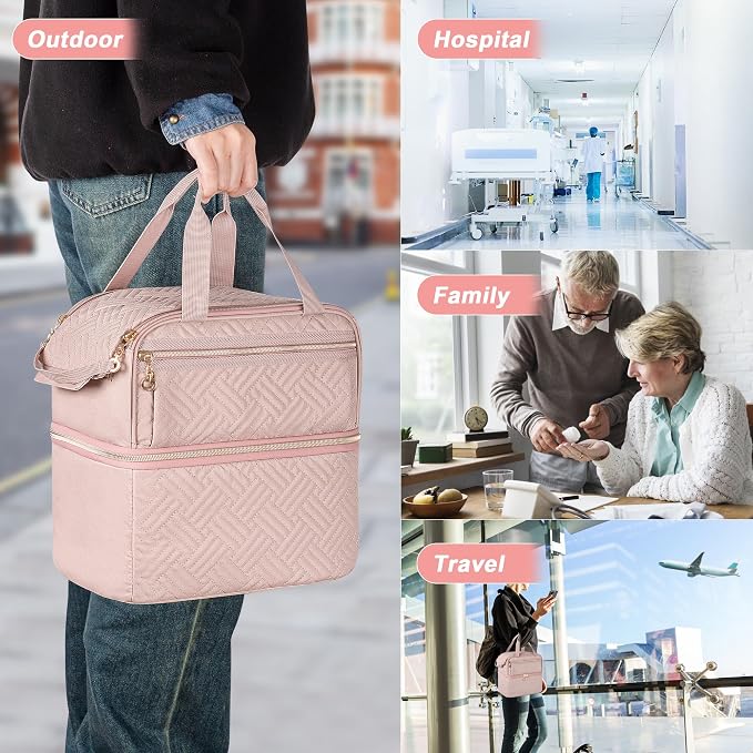 Damero Double Layers Pill Bottle Organizer Empty with 4 Customized Dividers | Lockable Medicine Storage Bag Medication Travel Bag for Prescription Bottles, Medical Supplements, Misty Rose