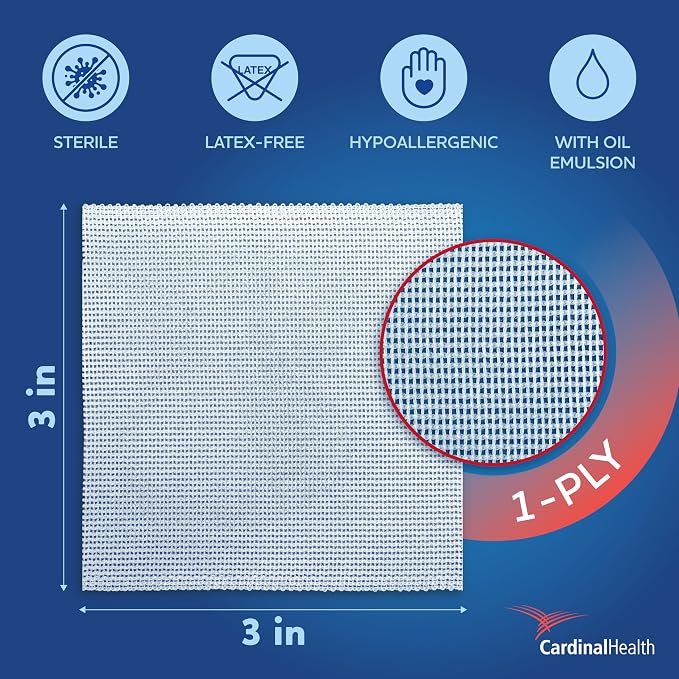 Curity™ Gauze Sponges – 3" x 3", 12‑Ply, Box of 50 - Sterile Oil‑Emulsion Gauze, Gentle Non‑Stick Wound Dressing for Sensitive Skin & Post‑Op Care - 6112